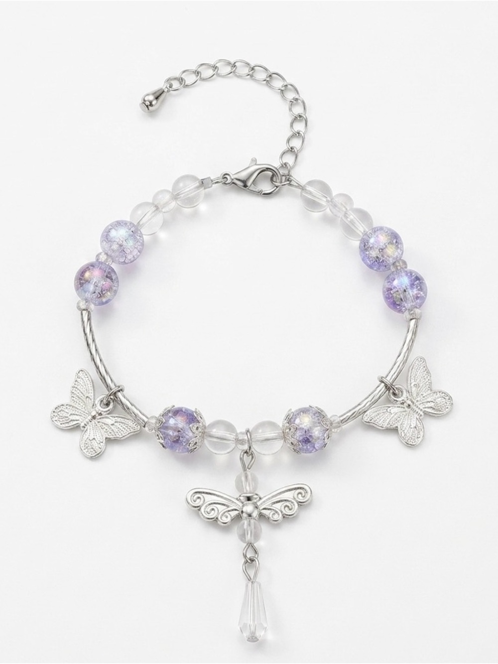 Hand Crafted Lavender Bead Butterfly Charm Bracelet